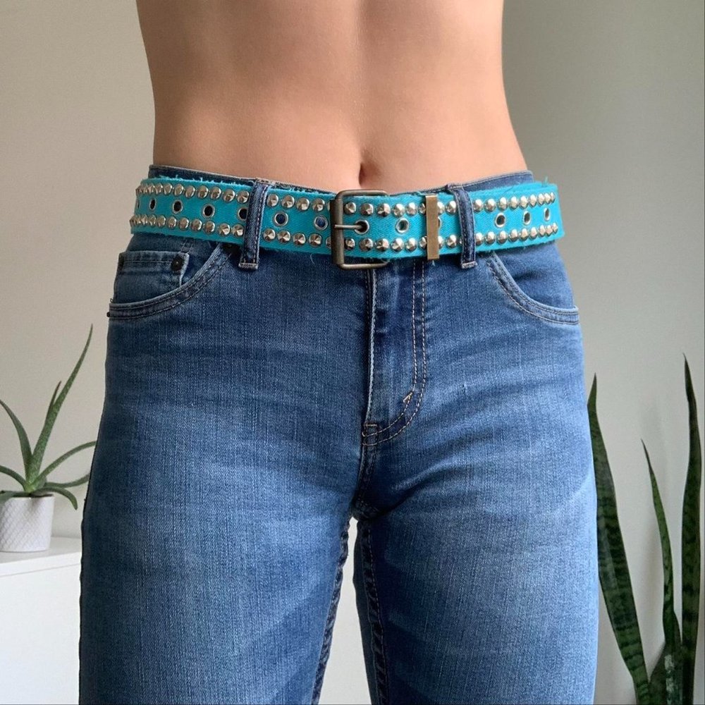 Y2k blue studded distressed denim belt